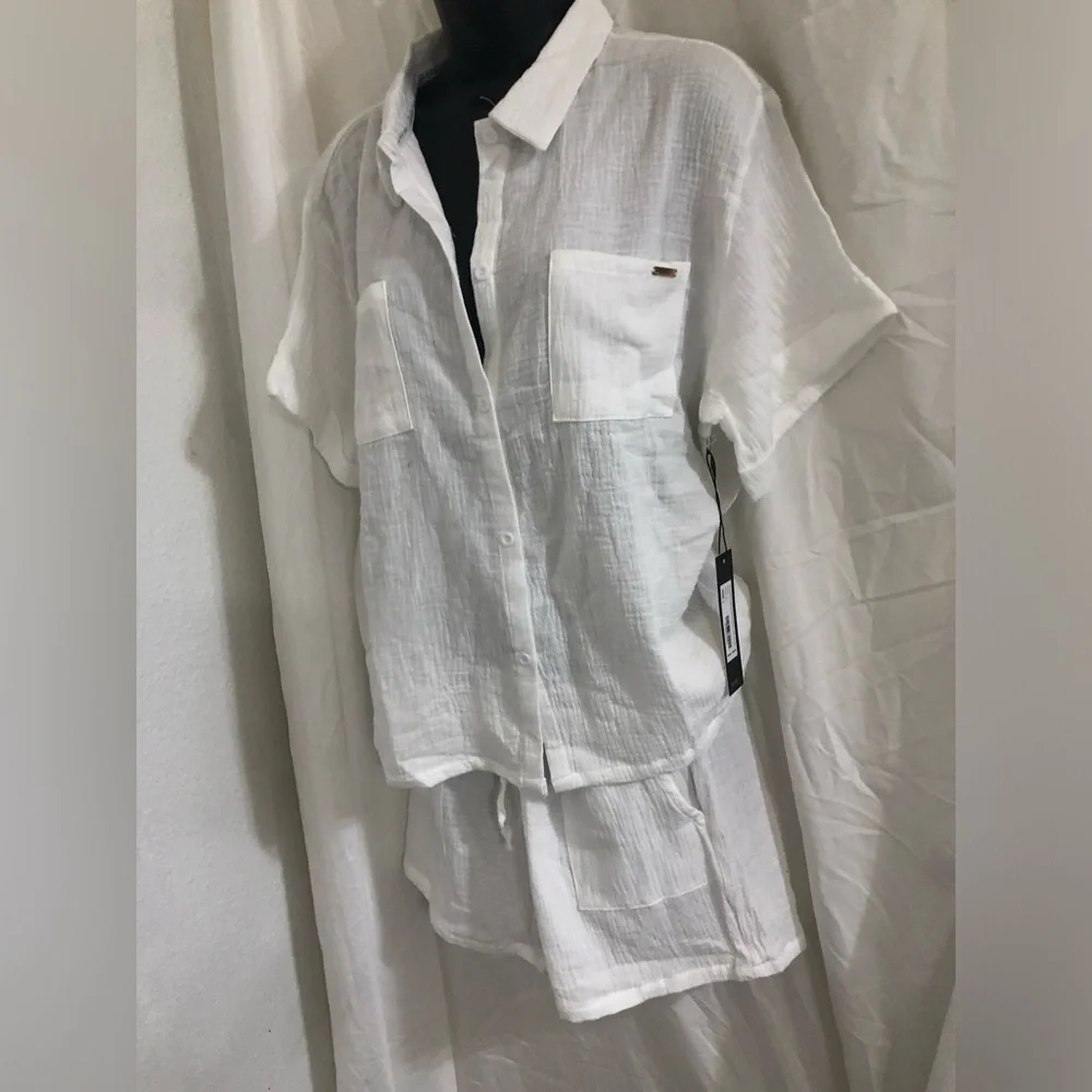Nicole Miller white gauze button down shirt and drawstring shorts set size Large